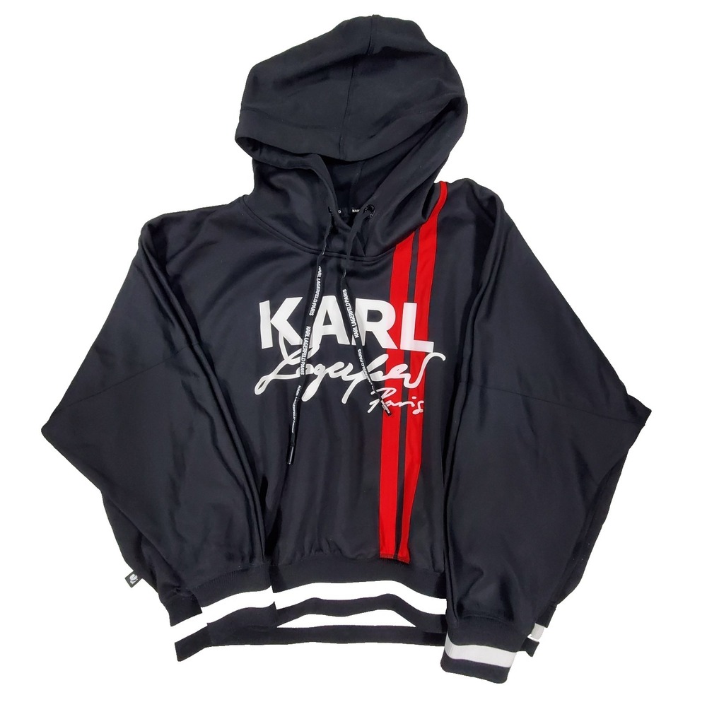 Karl Lagerfeld Paris Mens Black‎ Logo Hoodie Pullover Red Stripe Size M